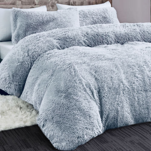 Long Pile Sherpa Duvet Set Silver