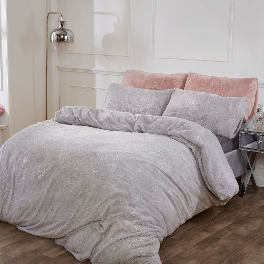 Sienna Teddy Fleece Glitter Duvet Cover Set - Silver Grey