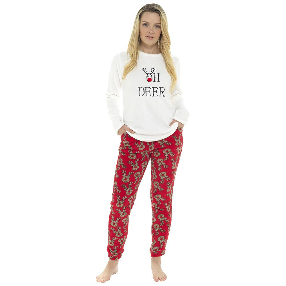 Ladies Oh Deer Embroidery Fleece Pyjama Set