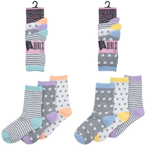 3 Pack Girls Assorted Design Socks