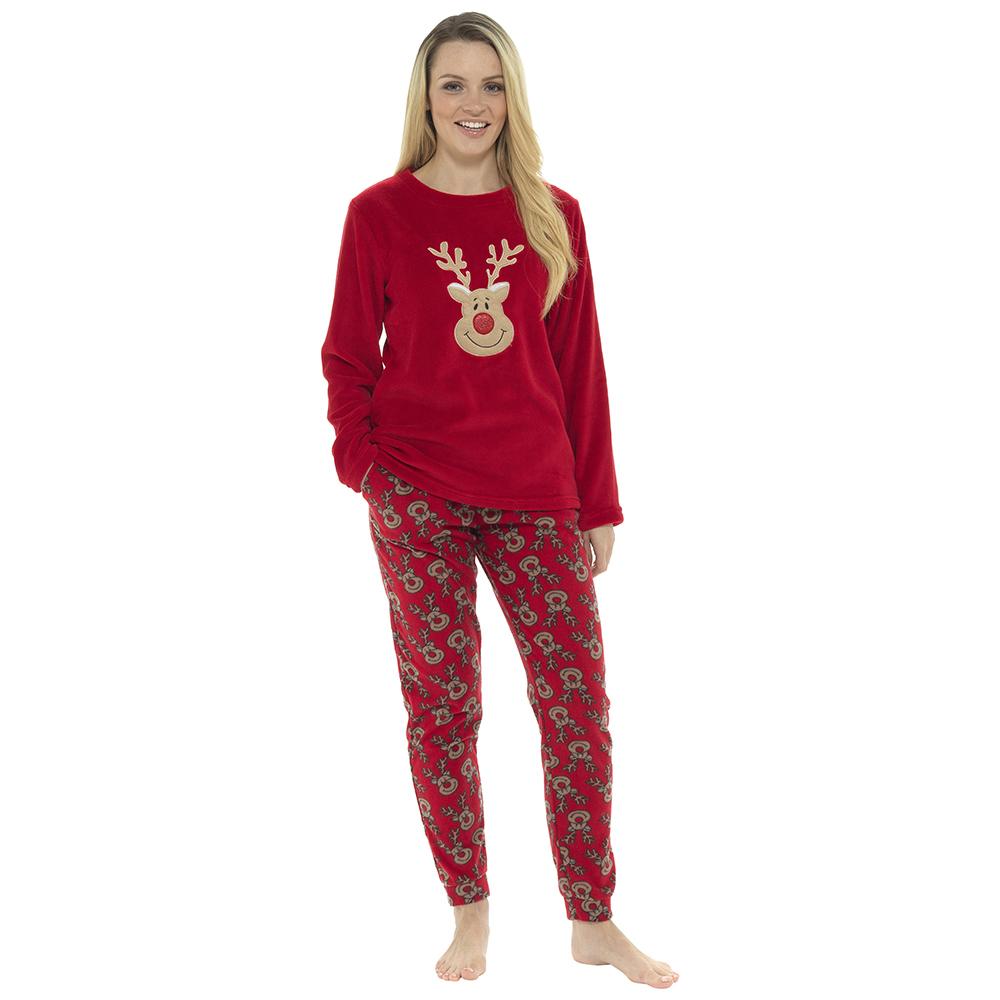 Ladies Novelty Reindeer Fleece Pyjama Set