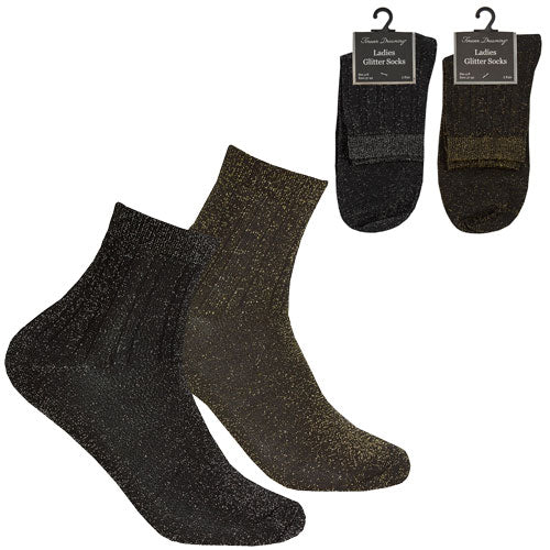 Ladies 3 Pairs Glitter Socks Black