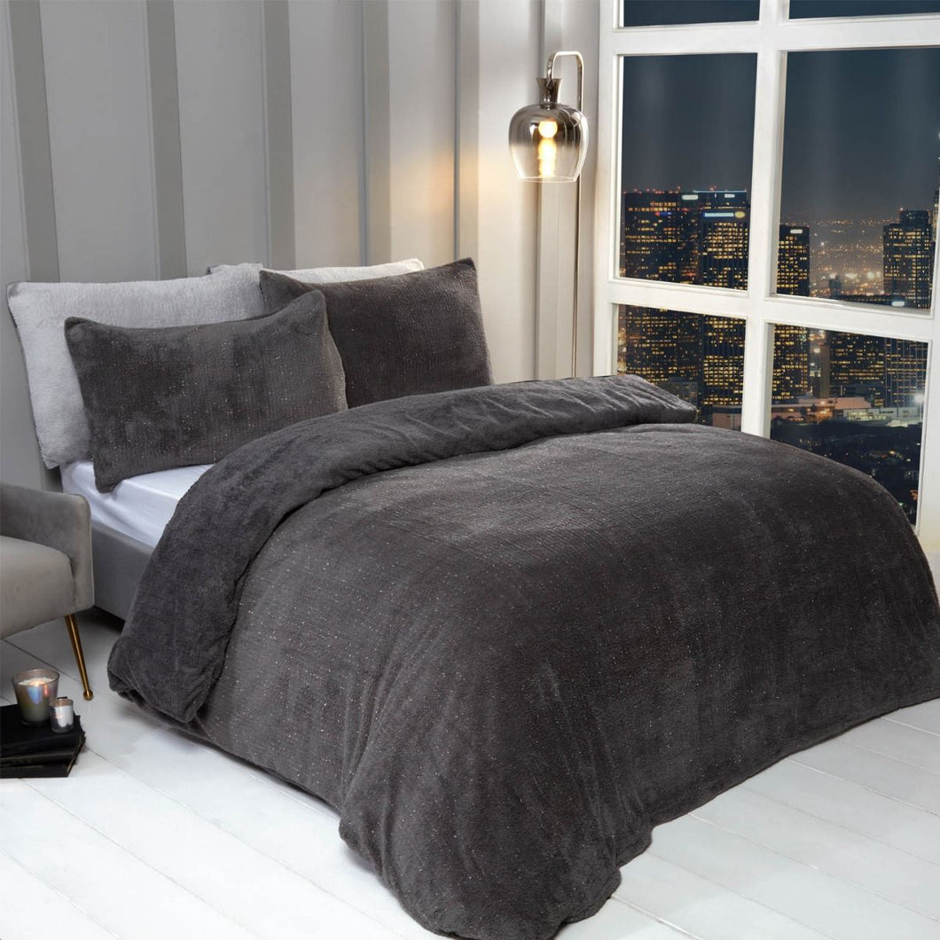 Sienna Glitter Teddy Duvet Cover Set - Charcoal