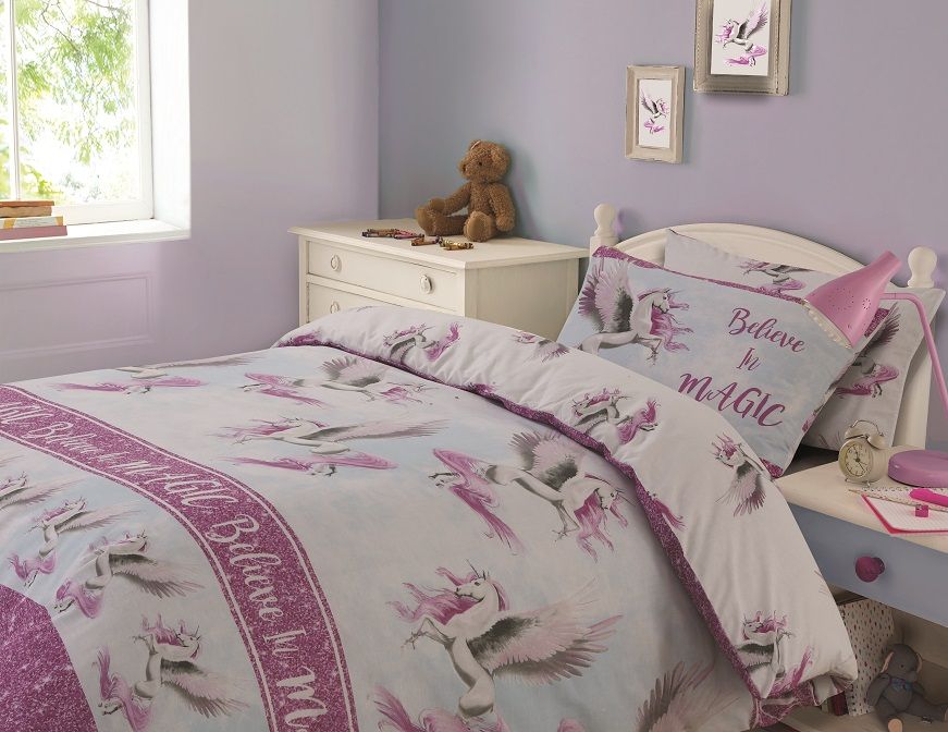 Dreamscene Flying Unicorn Duvet Cover Set - Pink