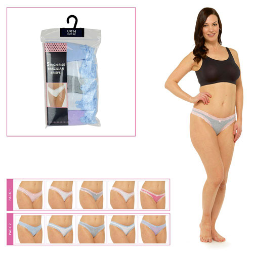 5 Pack Ladies High Leg Brazilian Briefs