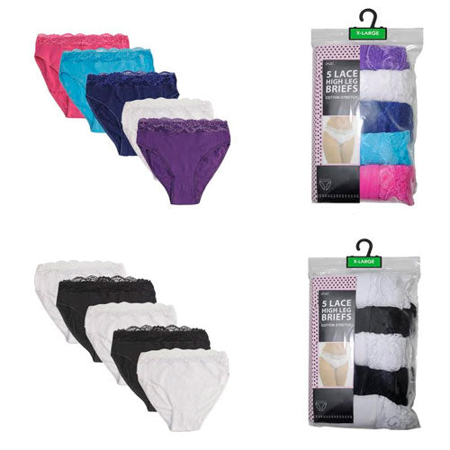 5 Pack Ladies High Leg Briefs with Lace