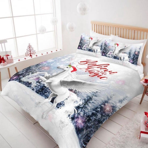 Luxury 3D Effect Christmas Xmas Unicorn Single Duvet Cover with Matching Pillow Case Bedding Set