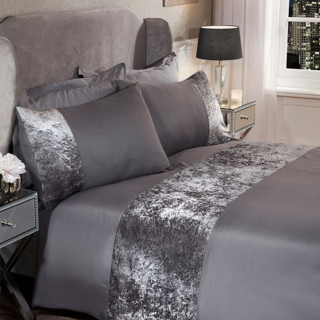 Sienna Crushed Velvet Band Duvet Set - Silver Grey