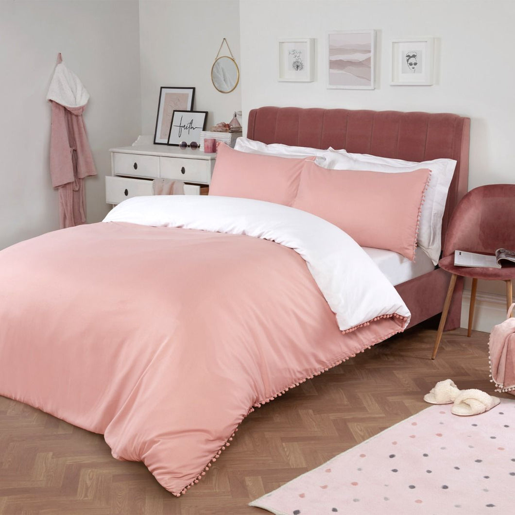 Dreamscene Pom Pom Duvet Cover Set - Blush / White